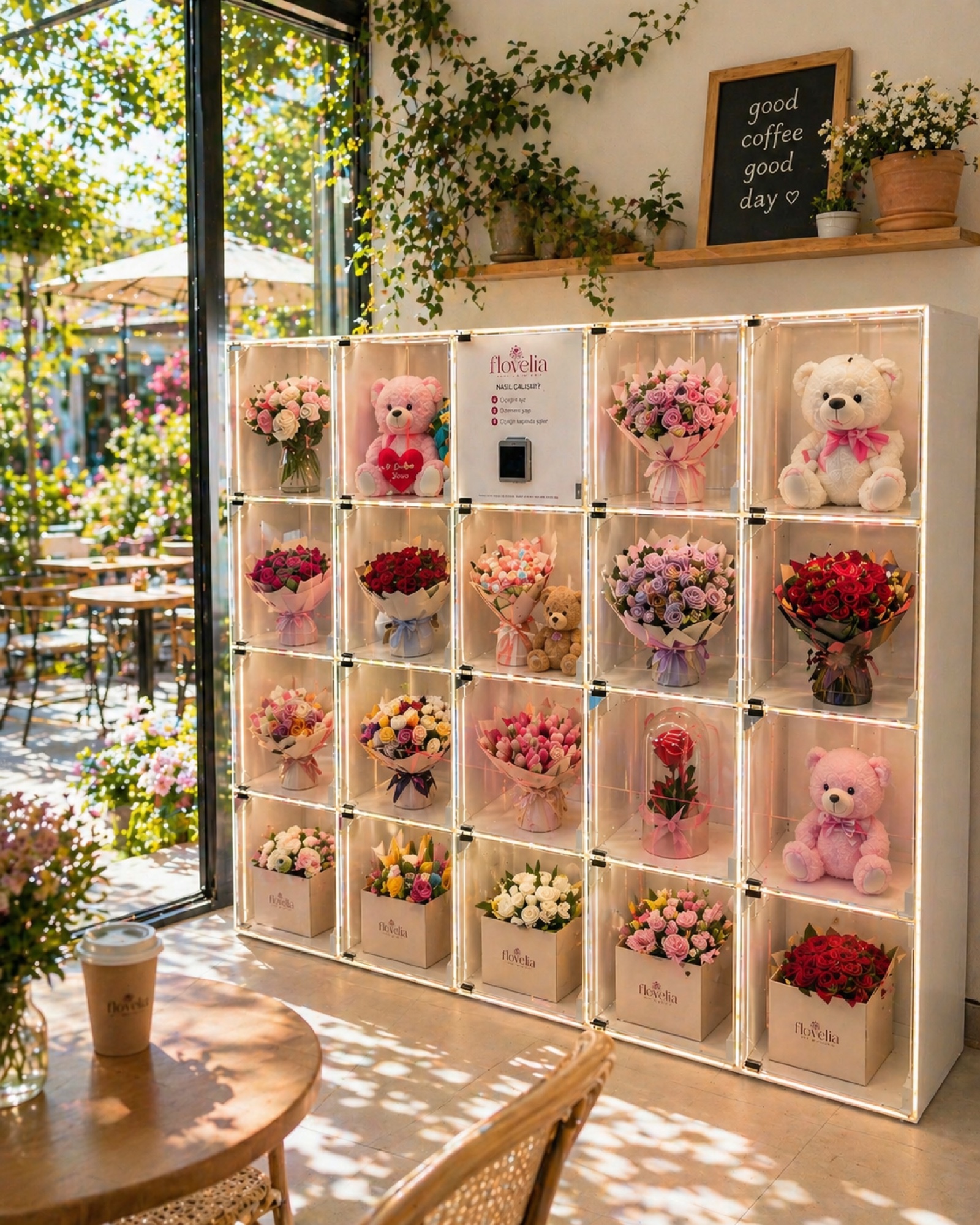 Kafe içinde Flovelia çiçek otomatı